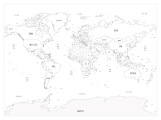 Political map of World. Black outline hand-drawn cartoon style illustrated map with bathymetry. Handwritten labels of country, capital city, sea and ocean names. Simple flat vector map.