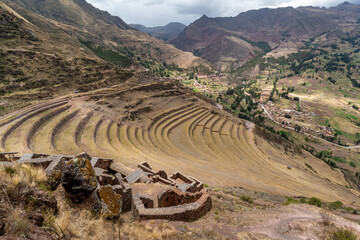 Pisac Archaeological Park, Calca, Cuzco, Peru on October 9, 2014. Ruins and tourist visits. - obrazy, fototapety, plakaty