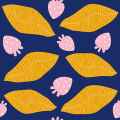 Obraz premium cute colorful contemporary seamless vector pattern background illustration with abstract yellow leaves and pink strawberries