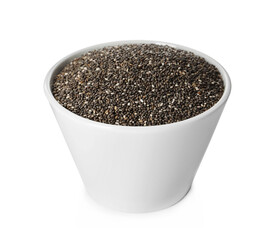 Chia seeds in ceramic bowl isolated on white