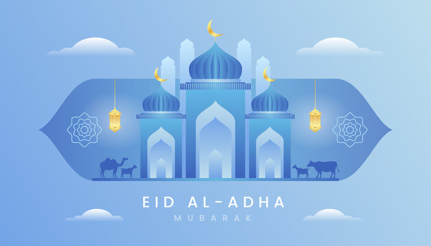 Eid al adha mubarak the celebration of muslim community festival background, banner, greeting design with gradient blue and gold color theme. Silhouette lamb, goat and camel. Mosque Illustration.