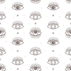 Vector hand-drawn seamless pattern, minimalistic style, boho ornament. Linear drawing, dots, and crosses. Abstract background with eye, engraving. Mysticism, alchemy symbols, magic. Print design