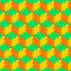 Geometric seamless pattern with abstract colorful leaves(green,yellow,orange) and white dots.Bright mosaic and tessellated vector illustration.