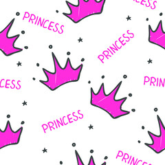 Hand drawn seamless pattern with doodle crowns. Cute baby and little princess design. Children's room wallpaper and clothes texture.