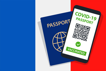 Covid-19 Passport on France Flag Background. Vaccinated. QR Code. Smartphone. Immune Health Cerificate. Vaccination Document. Vector