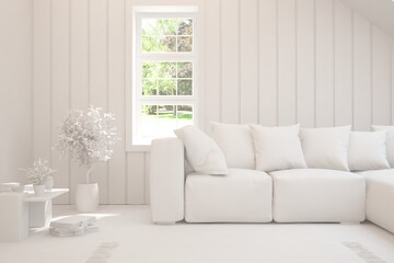 Minimalist living room in white color with sofa and summer landscape in window. Scandinavian interior design. 3D illustration