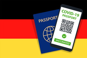 Covid-19 Passport on Germany Flag Background. Vaccinated. QR Code. Smartphone. Immune Health Cerificate. Vaccination Document. Vector