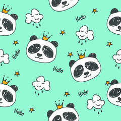Seamless pattern hand-Drawn face of the Panda, clouds and stars background for Children's clothing. Panda Princess pattern.