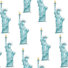 Patriotic seamless pattern with the flag of the USA on a white background. Hand drawn illustration. Happy Independence Day! 4th of July. American backgrounds. Graphic design for print fabric, textile. © Nina