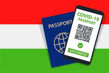 Covid-19 Passport on Hungary Flag Background. Vaccinated. QR Code. Smartphone. Immune Health Cerificate. Vaccination Document. Vector