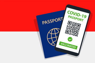 Covid-19 Passport on Indonesia Flag Background. Vaccinated. QR Code. Smartphone. Immune Health Cerificate. Vaccination Document. Vector