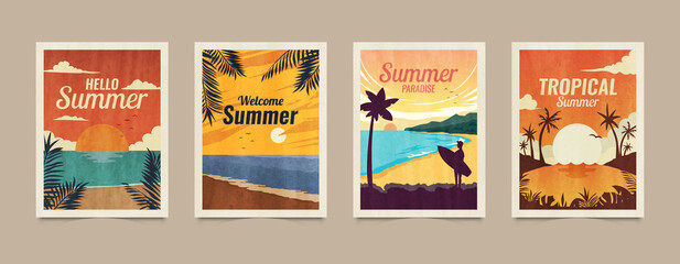 Summer tropical cards. Vacation posters in retro style. Backgrounds with summer tropical leaves, landscapes, sunsets and nature graphics © barmaleeva