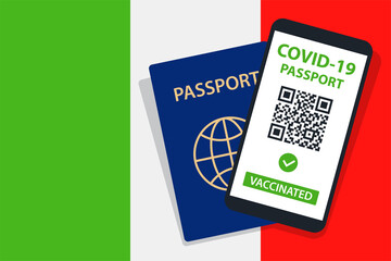 Covid-19 Passport on Italy Flag Background. Vaccinated. QR Code. Smartphone. Immune Health Cerificate. Vaccination Document. Vector