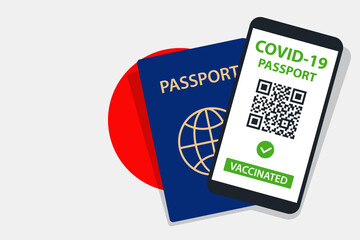 Covid-19 Passport on Japan Flag Background. Vaccinated. QR Code. Smartphone. Immune Health Cerificate. Vaccination Document. Vector