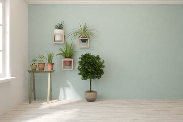 Blue empty room with green home plants. Scandinavian interior design. 3D illustration