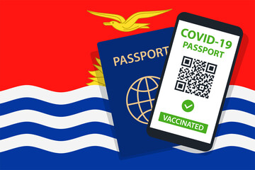 Covid-19 Passport on Kiribati Flag Background. Vaccinated. QR Code. Smartphone. Immune Health Cerificate. Vaccination Document. Vector