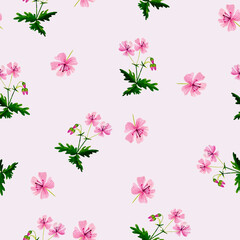 Blooming twig of pink geranium on a pale pink background. Seamless pattern.