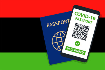 Covid-19 Passport on Libya Flag Background. Vaccinated. QR Code. Smartphone. Immune Health Cerificate. Vaccination Document. Vector