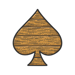 Wooden Spades suit playing card sign color line art sketch engraving vector illustration. T-shirt apparel print design. Scratch board imitation. Black and white hand drawn image.