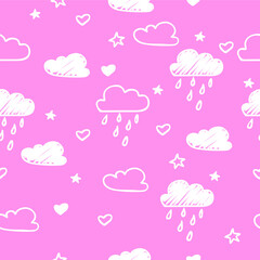 Hand-drawn seamless pattern with cute clouds, raindrops on a pink.