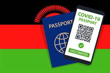 Covid-19 Passport on Malawi Flag Background. Vaccinated. QR Code. Smartphone. Immune Health Cerificate. Vaccination Document. Vector