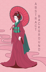 vector abstract illustration background woman in kimono with umbrella in pink and green colours, main colour is pink.  japanese abstract background