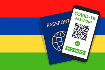 Covid-19 Passport on Mauritius Flag Background. Vaccinated. QR Code. Smartphone. Immune Health Cerificate. Vaccination Document. Vector