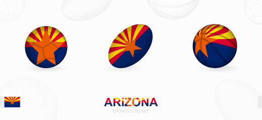 Sports icons for football, rugby and basketball with the flag of Arizona.