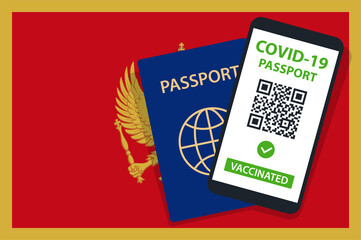 Covid-19 Passport on Montenegro Flag Background. Vaccinated. QR Code. Smartphone. Immune Health Cerificate. Vaccination Document. Vector