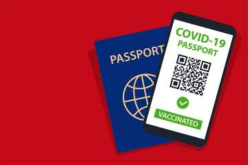 Covid-19 Passport on Morocco Flag Background. Vaccinated. QR Code. Smartphone. Immune Health Cerificate. Vaccination Document. Vector