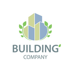 Three parallelepipeds symbolizing modern house surrounded by a crown of leaves, logo vector