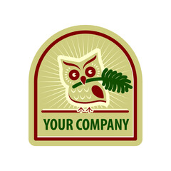 logo, emblem with an owl that holds a branch in its beak