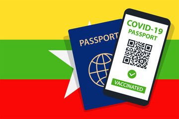 Covid-19 Passport on Myanmar Flag Background. Vaccinated. QR Code. Smartphone. Immune Health Cerificate. Vaccination Document. Vector