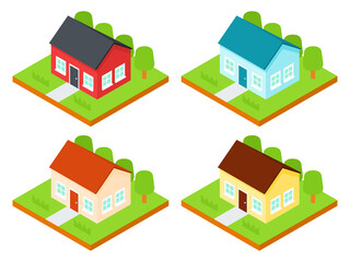 Simple Flat Isometric Houses Vector Illustration Icon Set