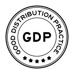 Black color GDP Good distribution practice round label stamp on white background