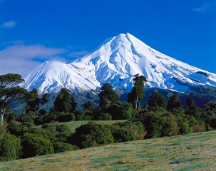 Obraz premium new zealand, egmont national park, landscape, nature, mount taranaki, north island, scenery, mountain, volcanic cone, snowcapped, sight, mountain landscape, volcano, pouakai, 