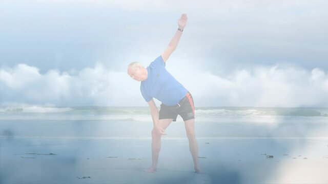Animation of glowing light over portrait of senior man exercising by sea
