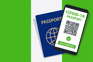 Covid-19 Passport on Nigeria Flag Background. Vaccinated. QR Code. Smartphone. Immune Health Cerificate. Vaccination Document. Vector