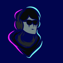 Music man gamer line pop art potrait logo colorful design with dark background. Abstract vector illustration