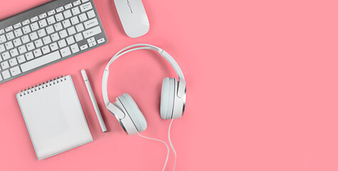 Wide banner on a pink background, flat layout, keyboard, headphones, notebook, smartphone. Concept - home office, online education, webinars, seminars, blogging training