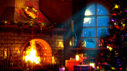 christmas tree and hearth with fire shining - design object 3D rendering