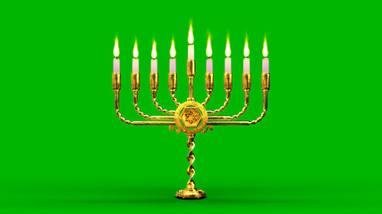 Fototapeta na wymiar golden ornamental hanukkah menora flaming isolated, conceptual object 3D rendering