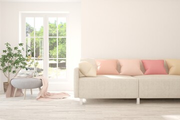 White living room with sofa and summer landscape in window. Scandinavian interior design. 3D illustration