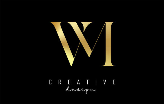 Golden VM v m letter design logo logotype concept with serif font and elegant style. Vector illustration icon with letters V and M.