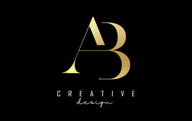 Golden AB a b letter design logo logotype concept with serif font and elegant style. Vector illustration icon with letters A and B