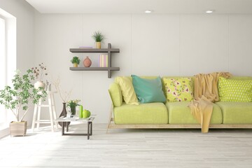 White living room with sofa. Scandinavian interior design. 3D illustration