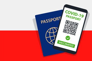 Covid-19 Passport on Poland Flag Background. Vaccinated. QR Code. Smartphone. Immune Health Cerificate. Vaccination Document. Vector