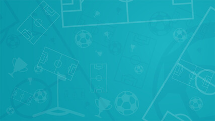 Abstract football background with a soccer field, and sports elements. Ball, flag, cup. Template 2020. Vector wallpaper. Turquoise, blue