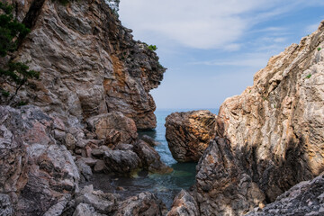 Sea beach in Beldibi and the rocks. Turkey, Kemer region, may 2021