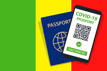 Covid-19 Passport on Senegal Flag Background. Vaccinated. QR Code. Smartphone. Immune Health Cerificate. Vaccination Document. Vector